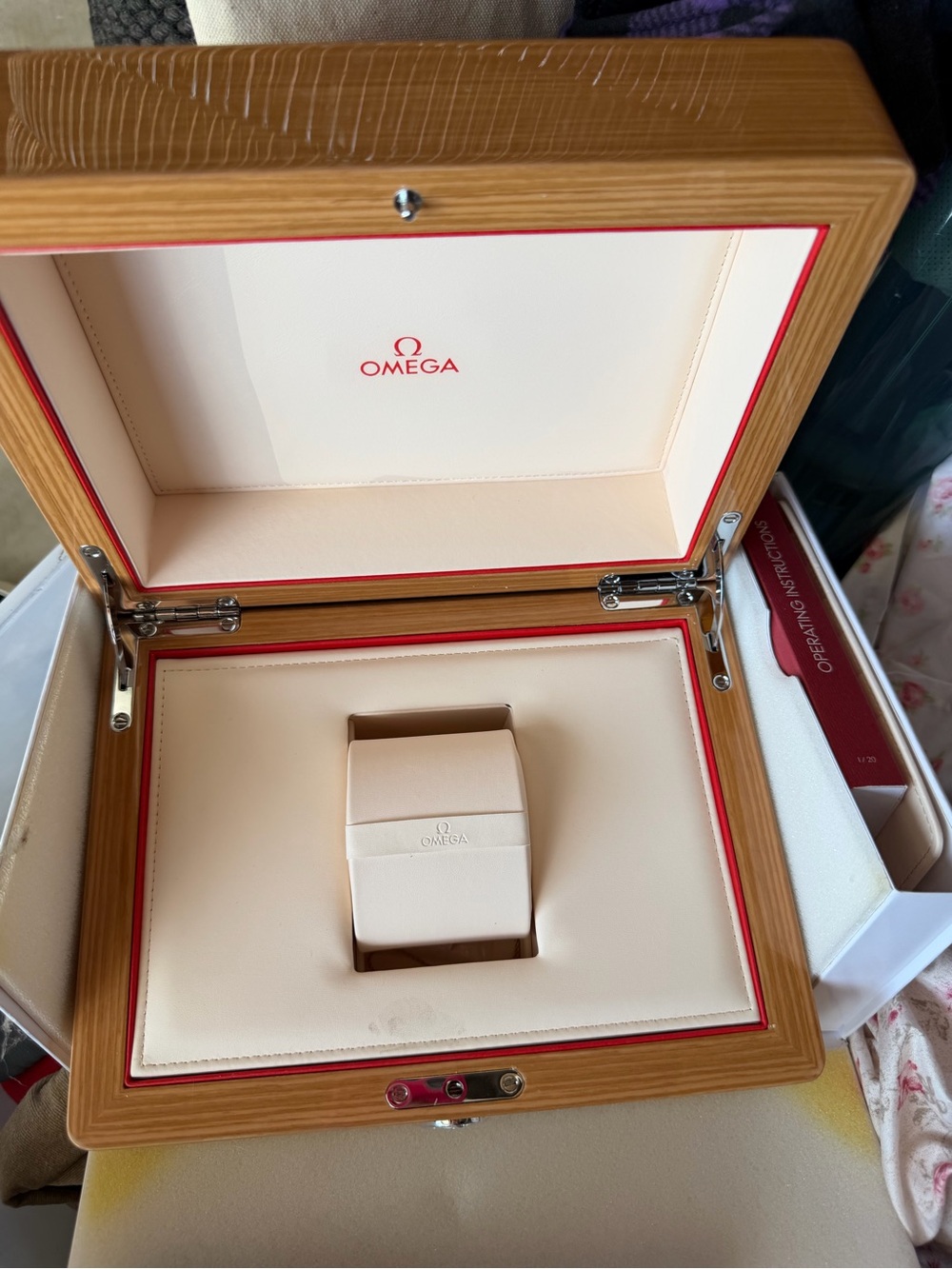 Omega Cream and Wood Men's Watch Presentation Box with Red Trim